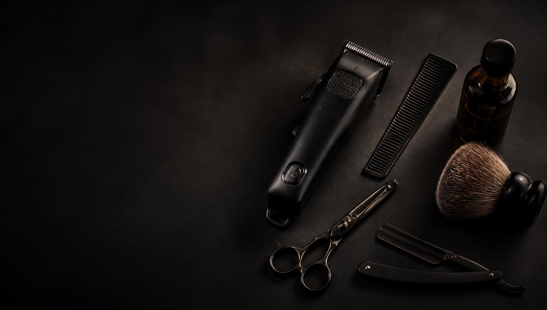 Composición editorial de herramientas de barbería: máquina de corte, tijera, navaja, peine y brocha sobre fondo negro
