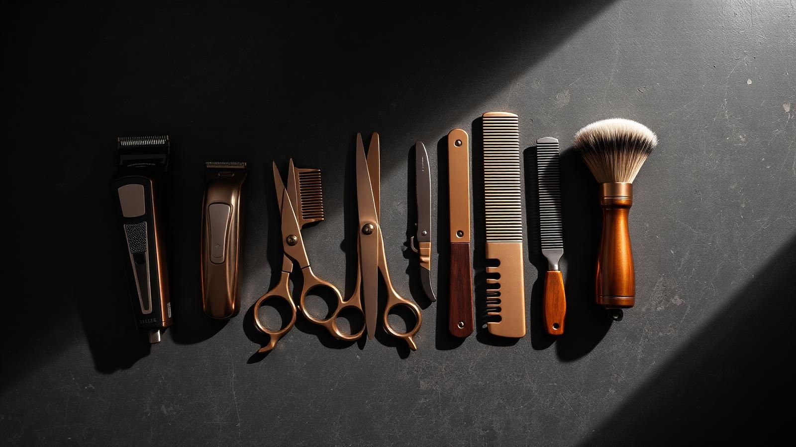 Herramientas de barbería alineadas sobre superficie de hormigón oscuro
